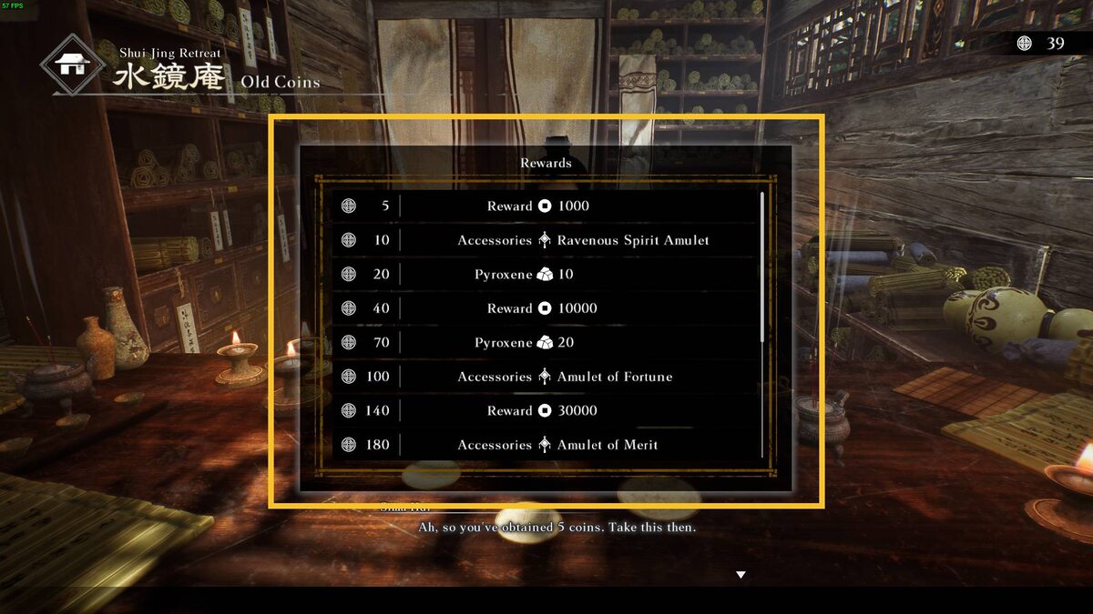 Dynasty Warriors Origins Old Coins: Shui Jing Retreat Old Coins menu.