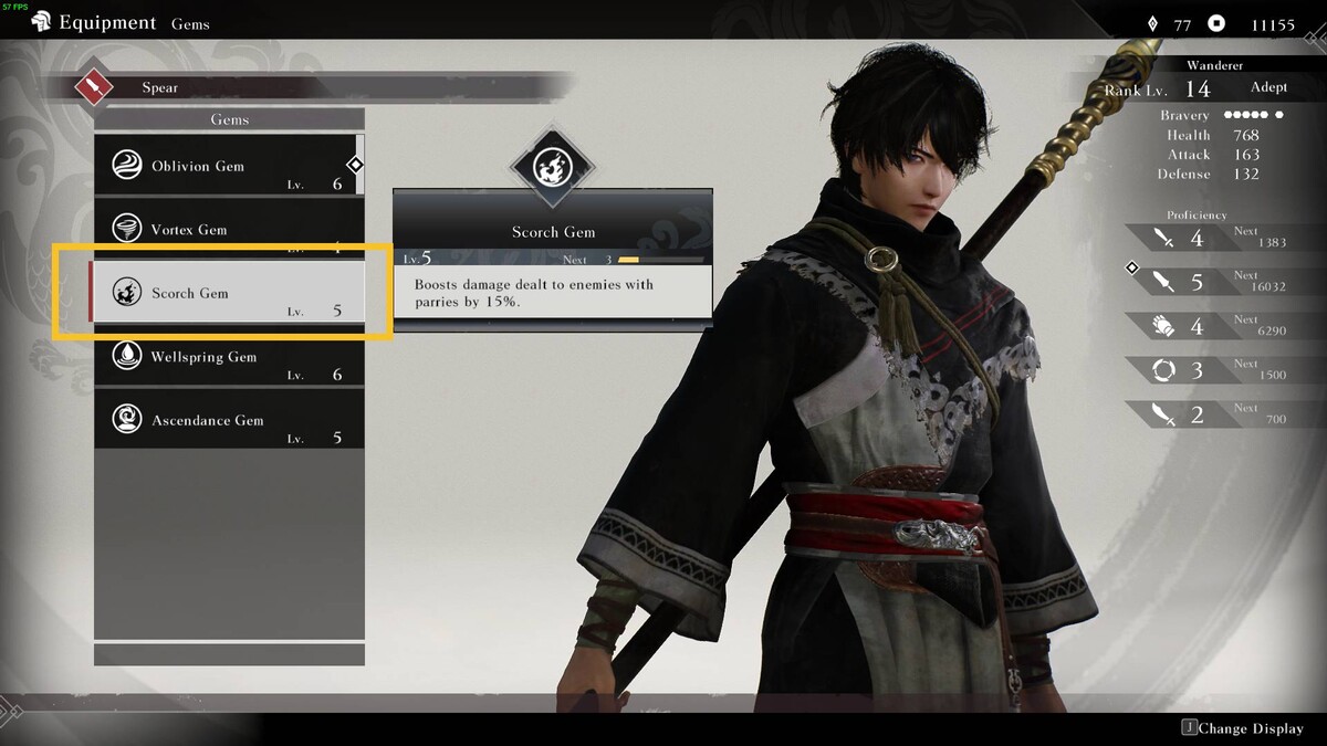 Dynasty Warriors Origins best gems: Gems equipment menu.
