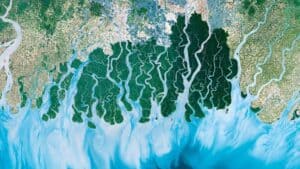 Aerial image of landscape featuring land and water taken from David Attenborough's BBC Planet Earth II series 