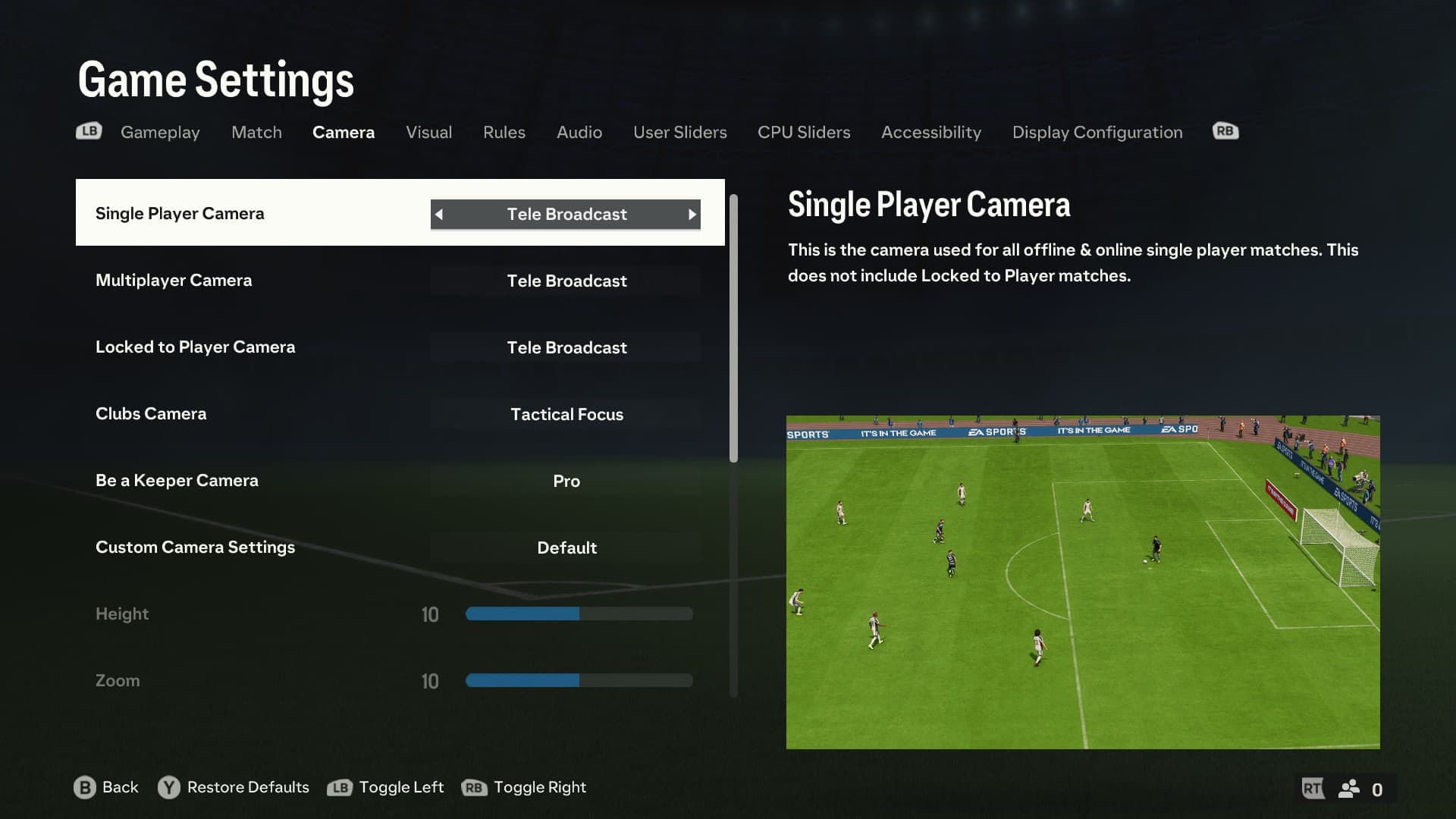 EA FC 24 Best Camera Settings: The camera settings menu in-game.