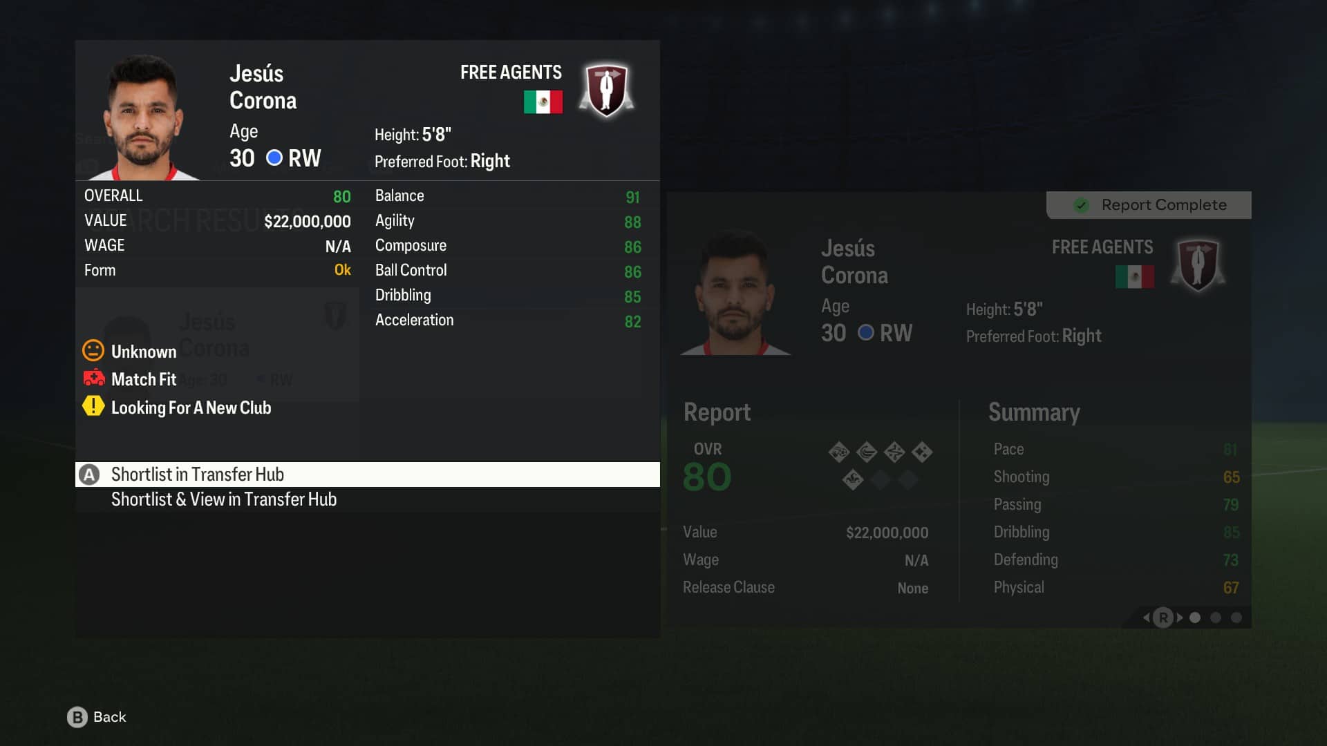 FC 24 Best Free Agents: Jesus Corona in the Career Mode transfer hub