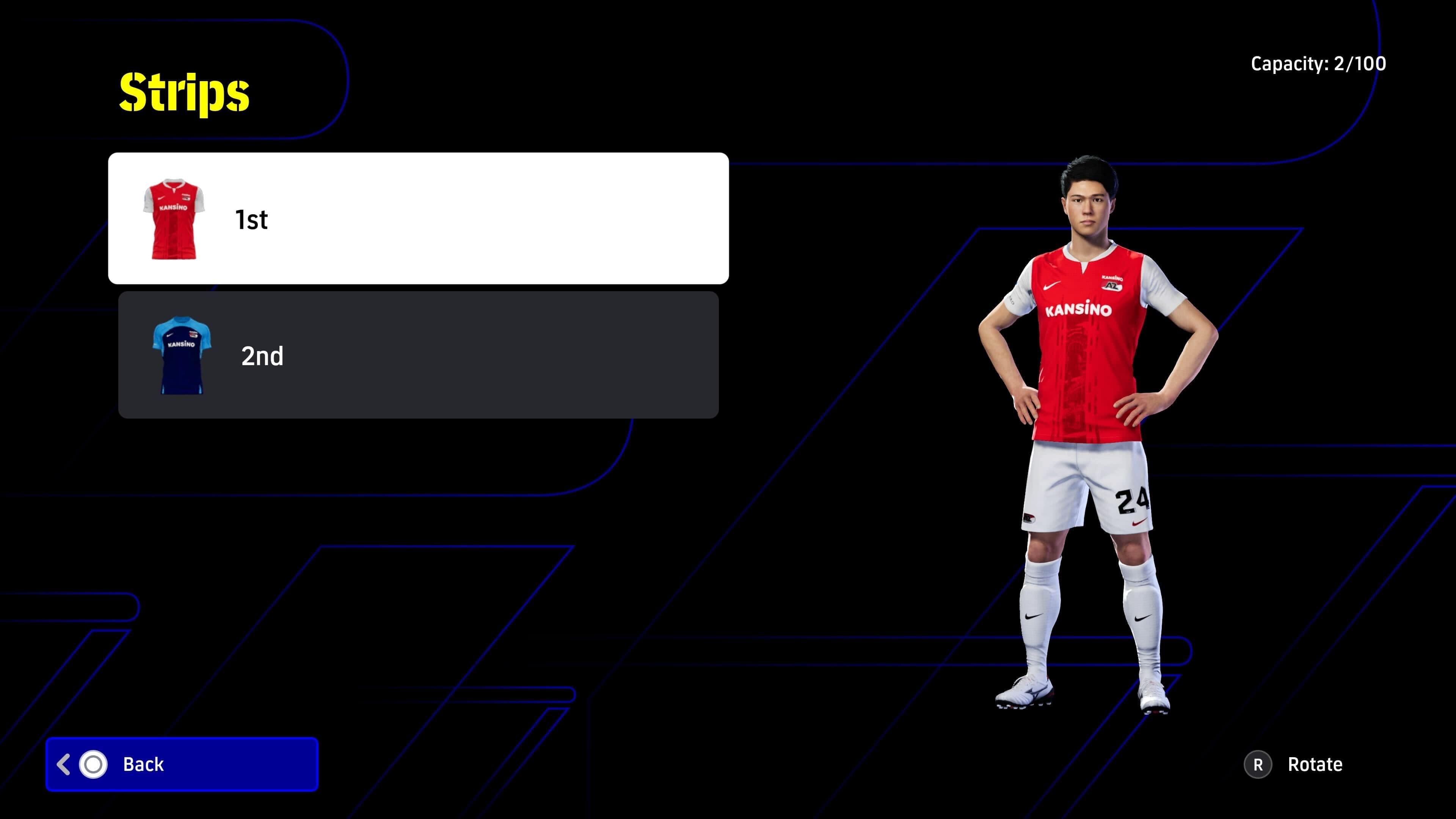 A screenshot of an eFootball game showcasing a player with customizable kit options.