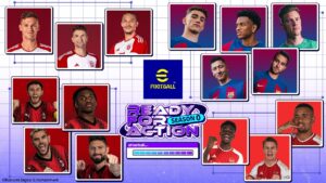 A picture featuring football players showcasing eFootball 2024 release date and updated kits.