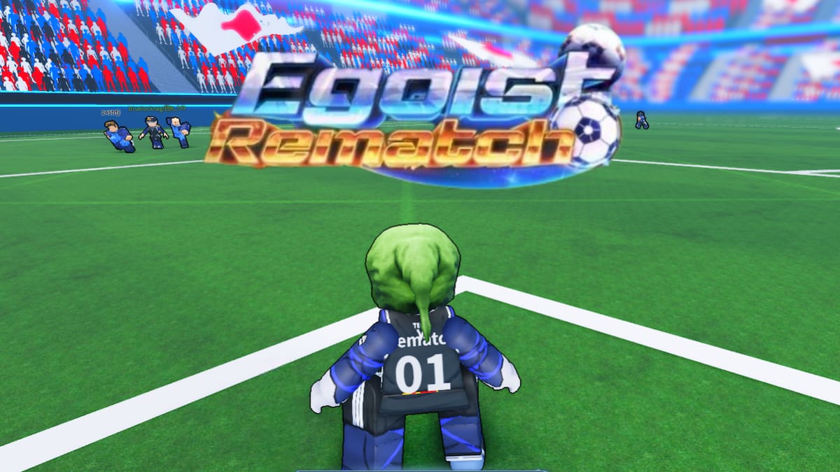A Roblox character keeping the goal in Egoist Rematch, with the game's logo at the top.