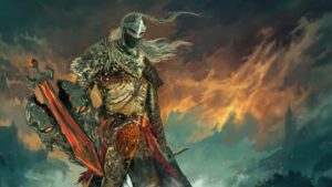 Elden Ring keyart showing a soldier standing on a mountain