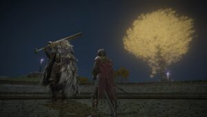 Elden Ring Blaidd questline: A player standing next to Blaidd with a minor Erdtree in the background.