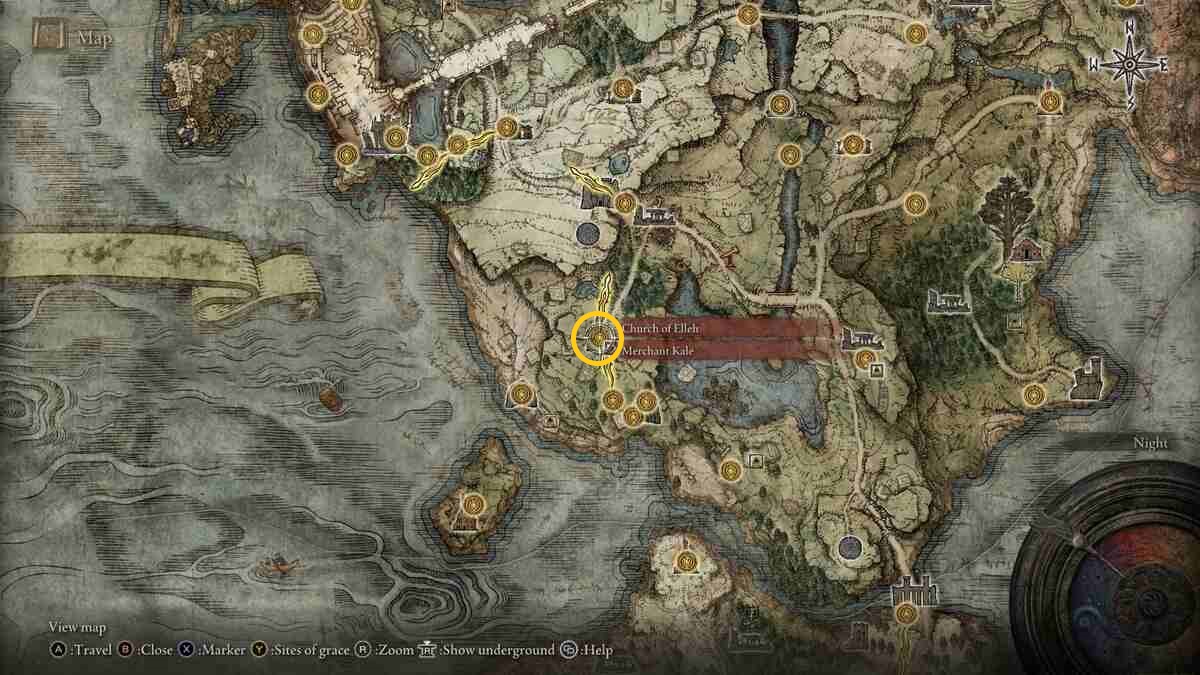 Elden Ring Blaidd questline: The Church of Elleh on the map of Limgrave.