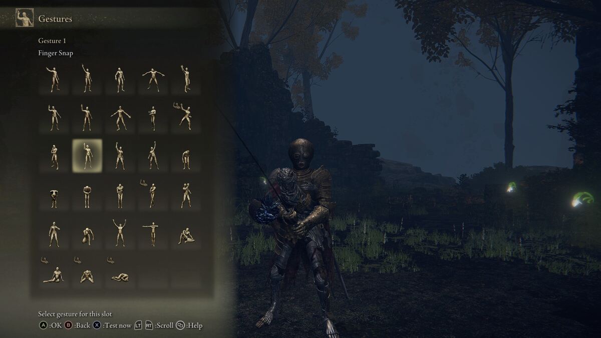 Elden Ring Blaidd questline: Opening the gestures menu to use the Finger Snap gesture.