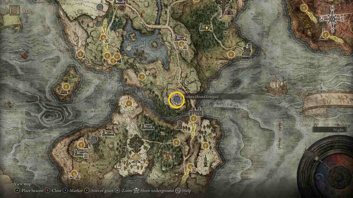 Elden Ring Blaidd questline: The Forlorn Hound Evergaol on the map of Limgrave.