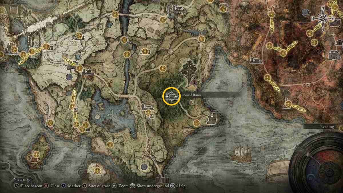 Elden Ring Blaidd questline: Mistwood Ruins on the map of Limgrave.