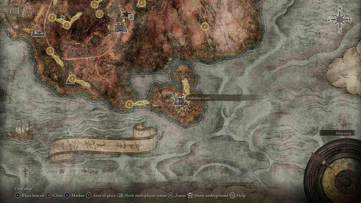 Elden Ring Blaidd questline: The location of Redmane Castle on a map of Caelid.