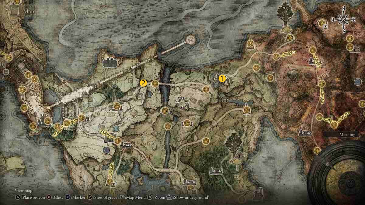 Elden Ring Deathroot locations: The Elden Ring map with markers of the two Deathroots in Limgrave.