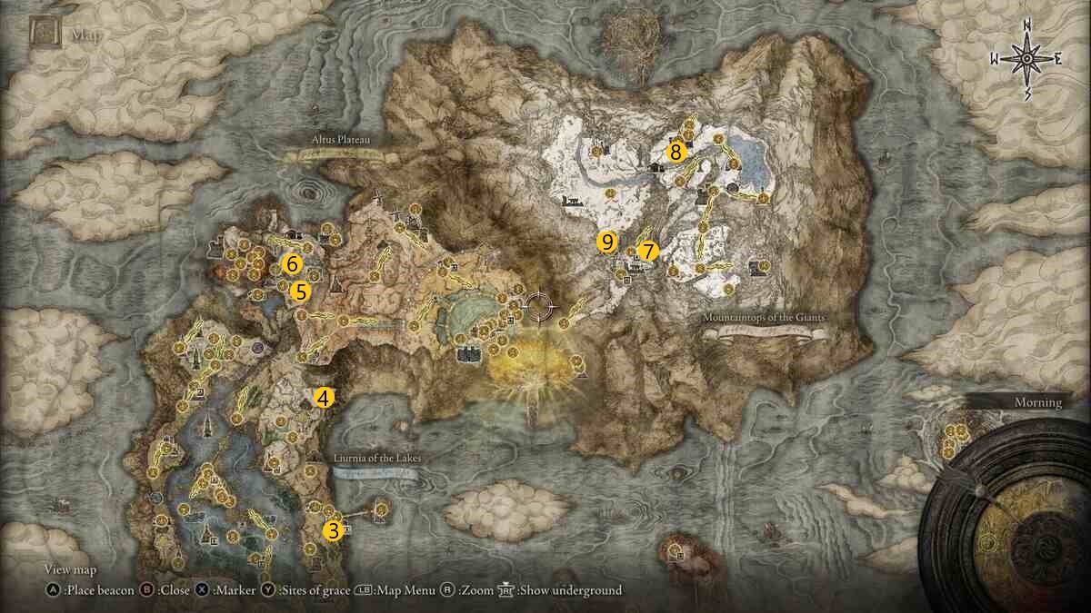 Elden Ring Deathroot locations: An Elden Ring map with markers of Deathroot locations in Liurnia, Altus Plateau and Mountaintops of the Giants.