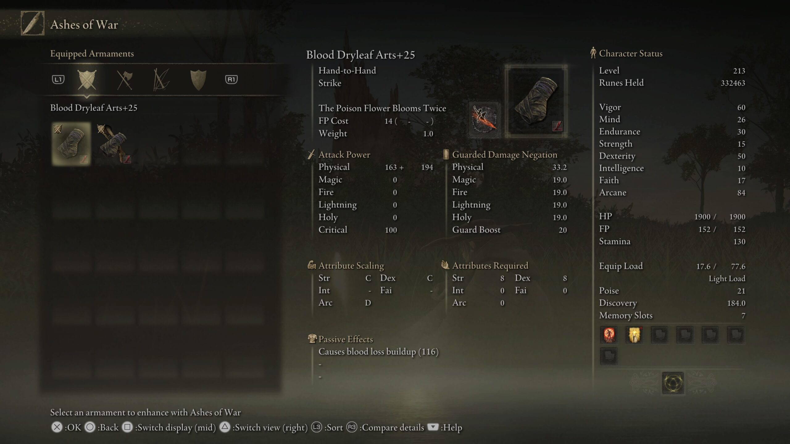 Best Dryleaf Arts build in Shadow of the Erdtree - a menu showing dryleaf arts
