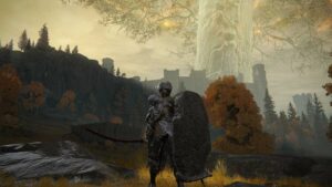 Elden Ring Fingerprint Stone Shield: A player wielding the Fingerprint Stone Shield and Rivers of Blood sword in front of Leyndell and the Erdtree.