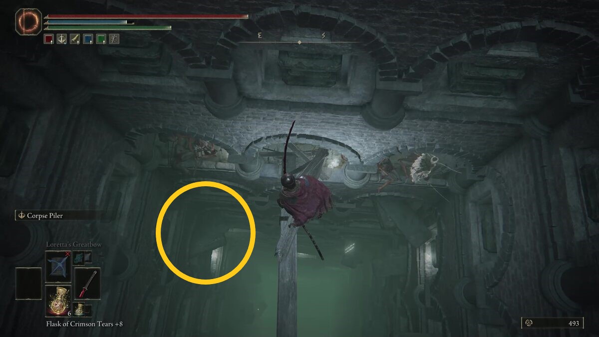 Elden Ring Fingerprint Stone Shield: A player standing on a wooden beam with a gold ring to the left marking a coffin.