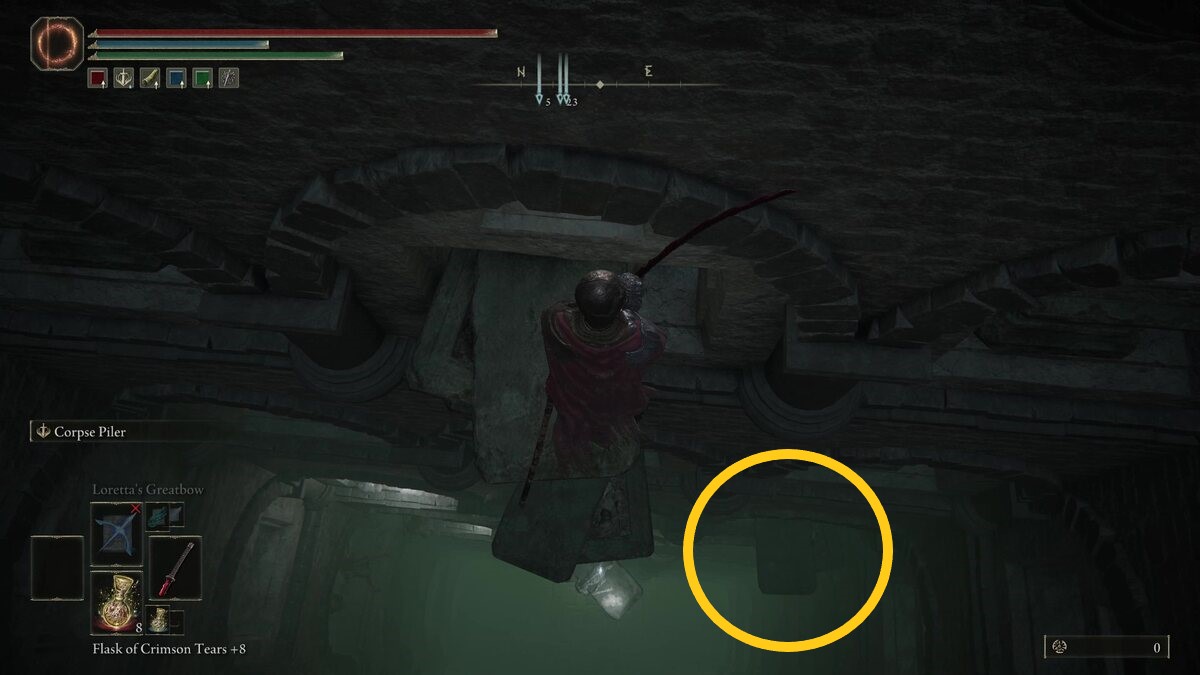 Elden Ring Fingerprint Stone Shield: A player standing on a coffin with a gold ring marking another coffin to the right.