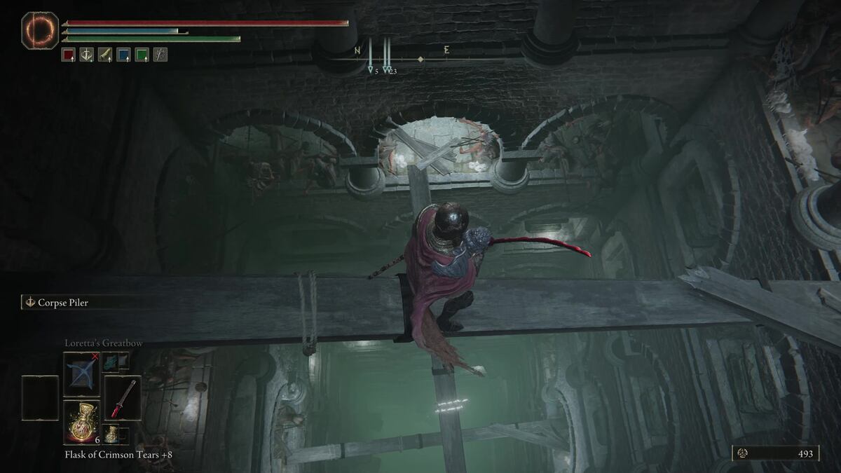 Elden Ring Fingerprint Stone Shield: A player standing on a wooden beam above a deep pit.
