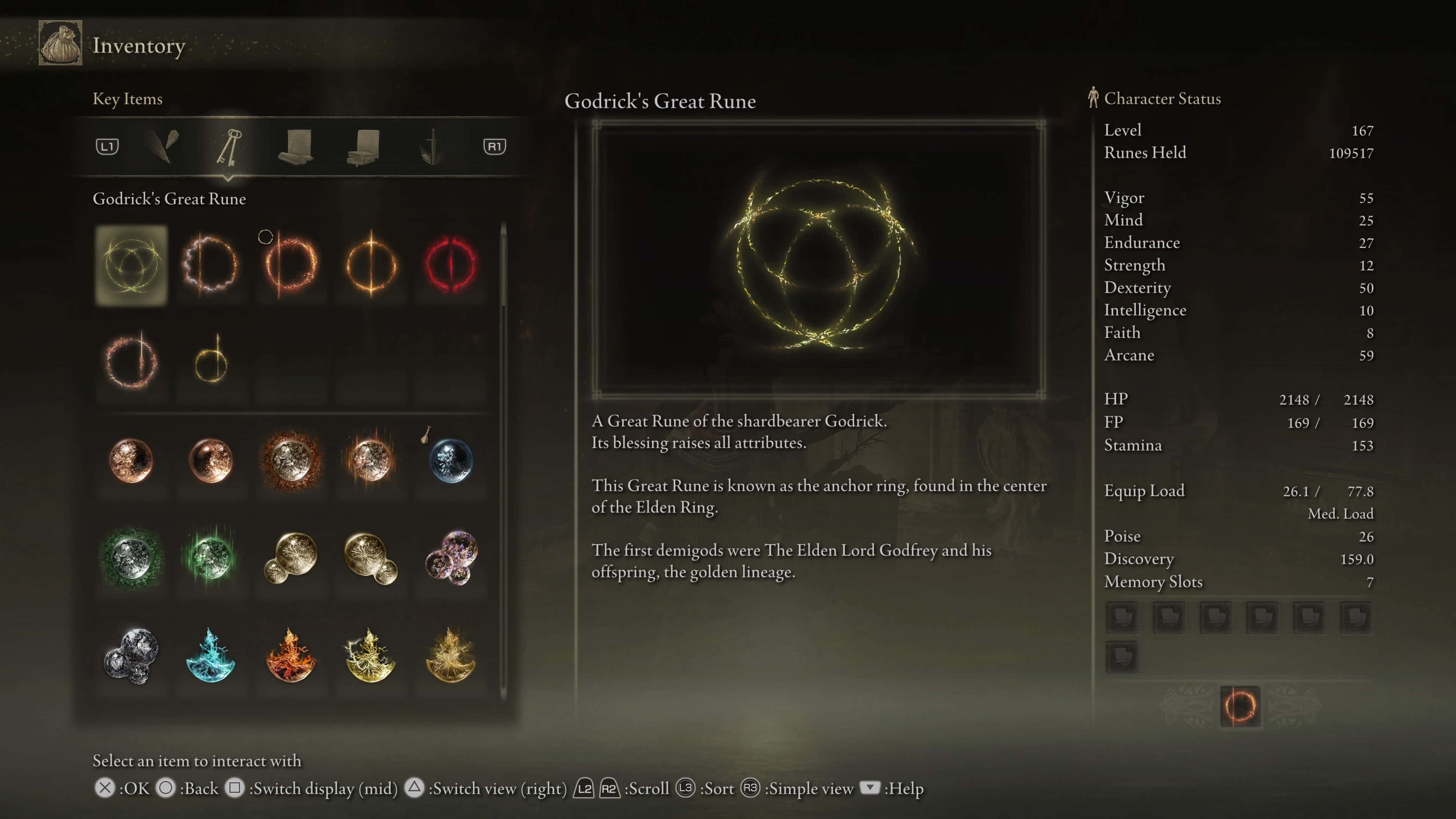 Elden Ring Great Runes - Godrick's Great Rune in the menu