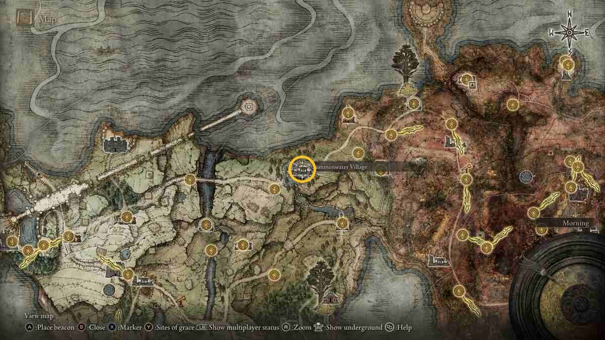 Elden Ring Green Turtle Talisman: A map of Limgrave in Elden Ring with a gold ring marking the location of Summonwater Village.