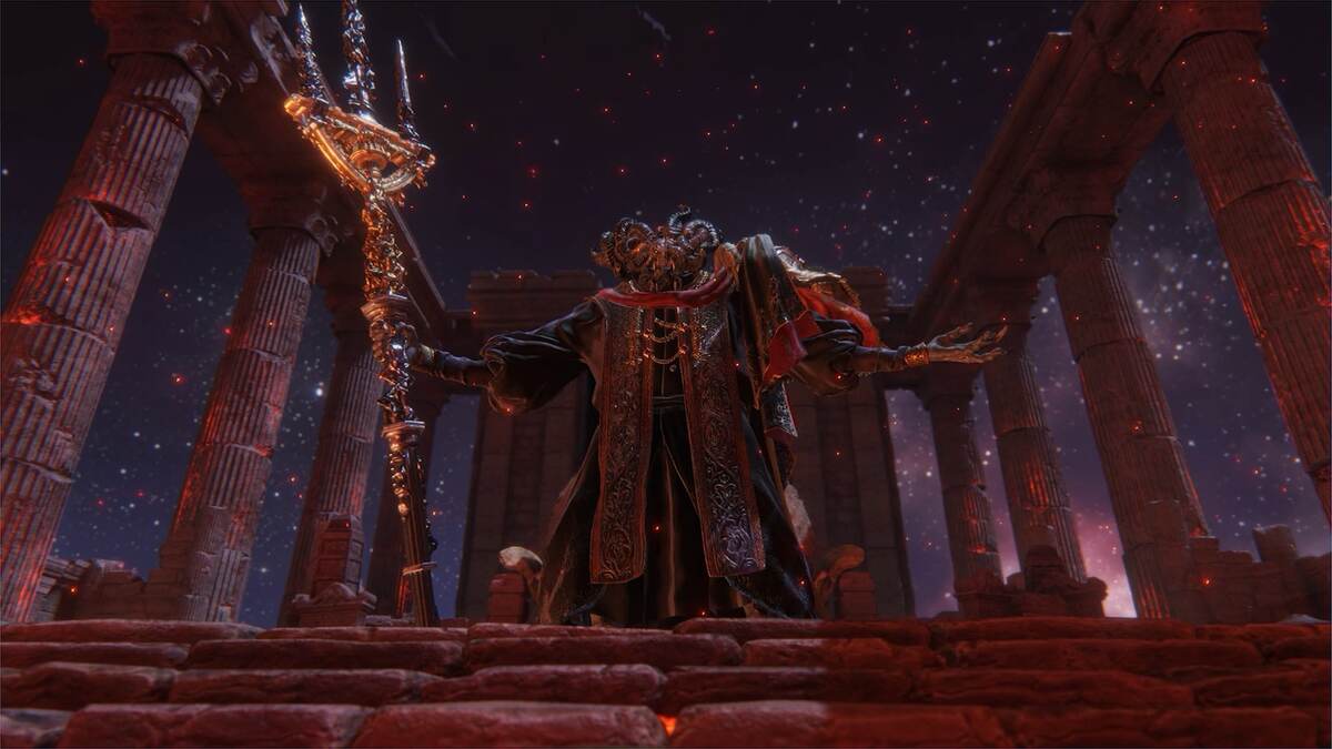 How many bosses in Elden Ring: A close-up of Mohg standing at the top of a set of stone steps.