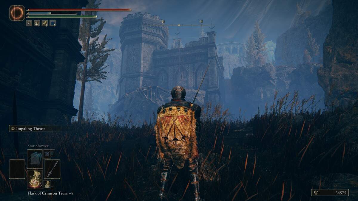 Shadow of the Erdtree Light Greatsword: A player standing in front of a cliff with a castle in the background.
