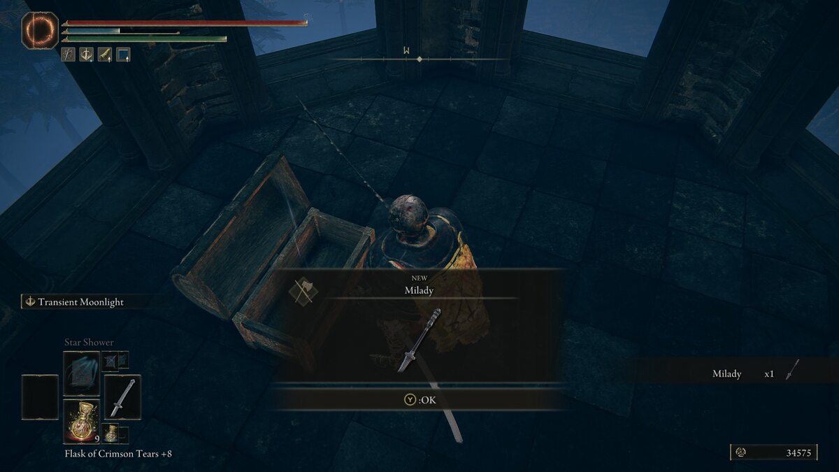Shadow of the Erdtree Light Greatsword: A player opening a chest to receive the Milady Light Greatsword.