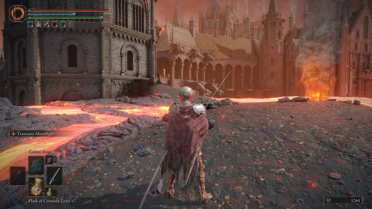 Elden Ring Magma Blade: A player standing in front of a pool of lava with buildings to the left and far ahead.