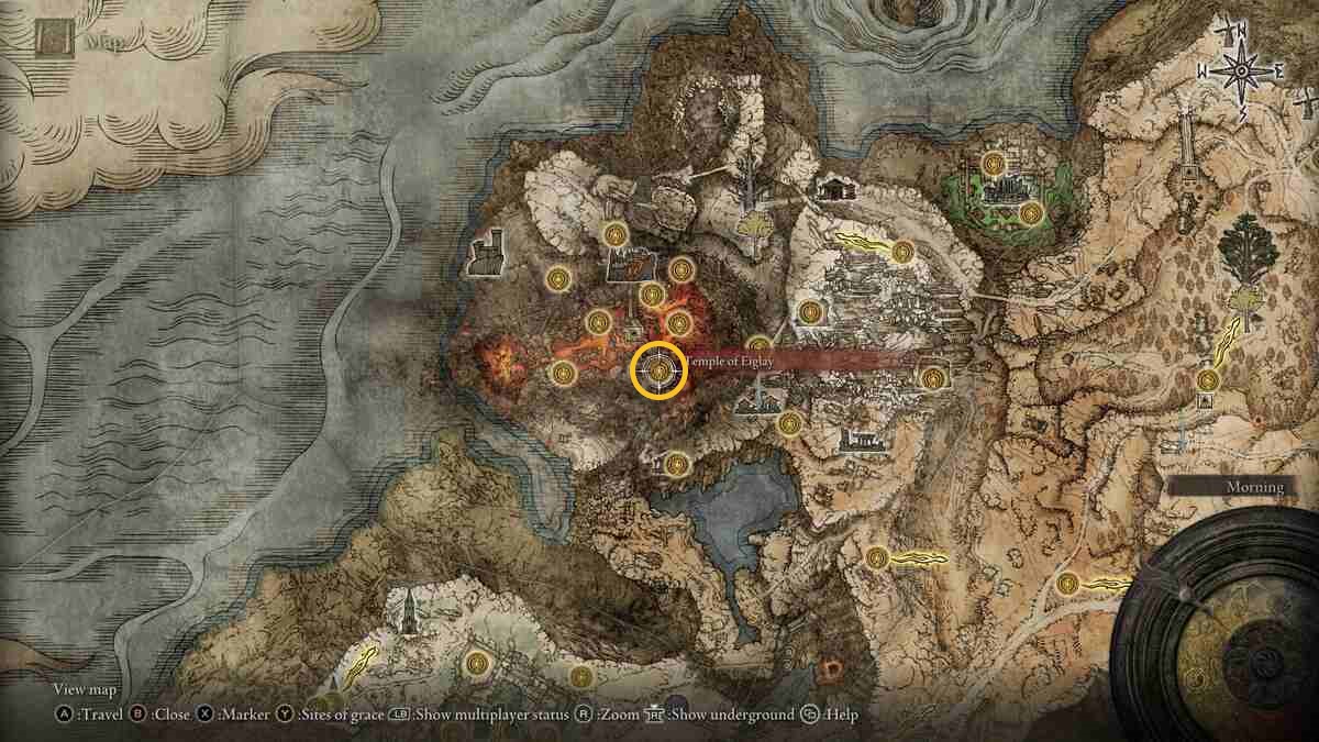 Elden Ring Magma Blade: An Elden Ring map showing the location of the Temple of Eiglay Site of Grace.
