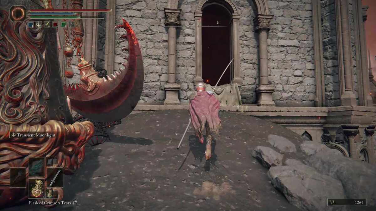 Elden Ring Magma Blade: A player running towards an open window in a stone building.