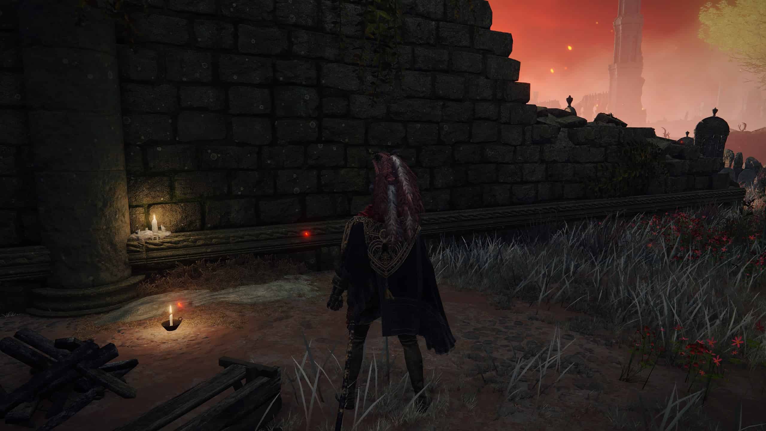 Our character stands in the ruins of a church