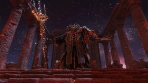 Mohg in his boss arena Elden Ring, holding a large spear and standing before the camera