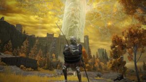 Elden Ring Moonveil Katana: A player wielding the Moonveil Katana with the Erdtree and Leyndell in the background.
