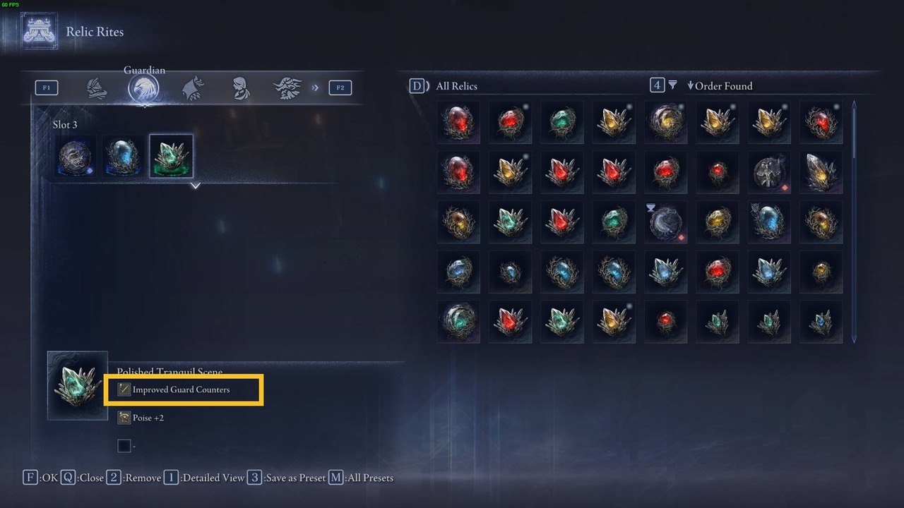 Elden Ring Nightreign guard counter: Guardian Relic Rite menu.