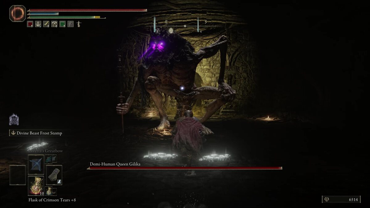 Elden Ring Ritual Sword Talisman: A player fighting against Demi-Human Queen Gilka in a small, dark room.
