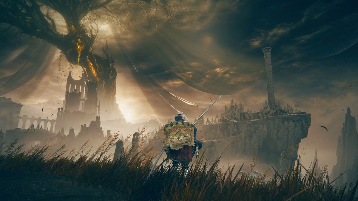 Shadow of the Erdtree how many endings: A player standing among some grass with an Erdtree in the background and light shining through dark clouds.