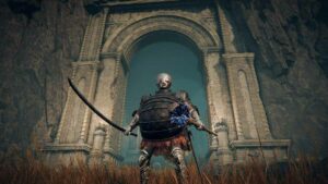 Shadow of the Erdtree how many hours: A player wielding a katana and staff standing in front of a large stone arch.