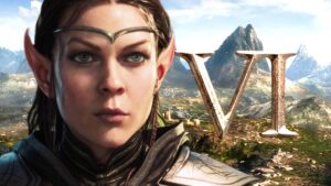 The Elder Scrolls VI background with a high elf standing in front of the logo