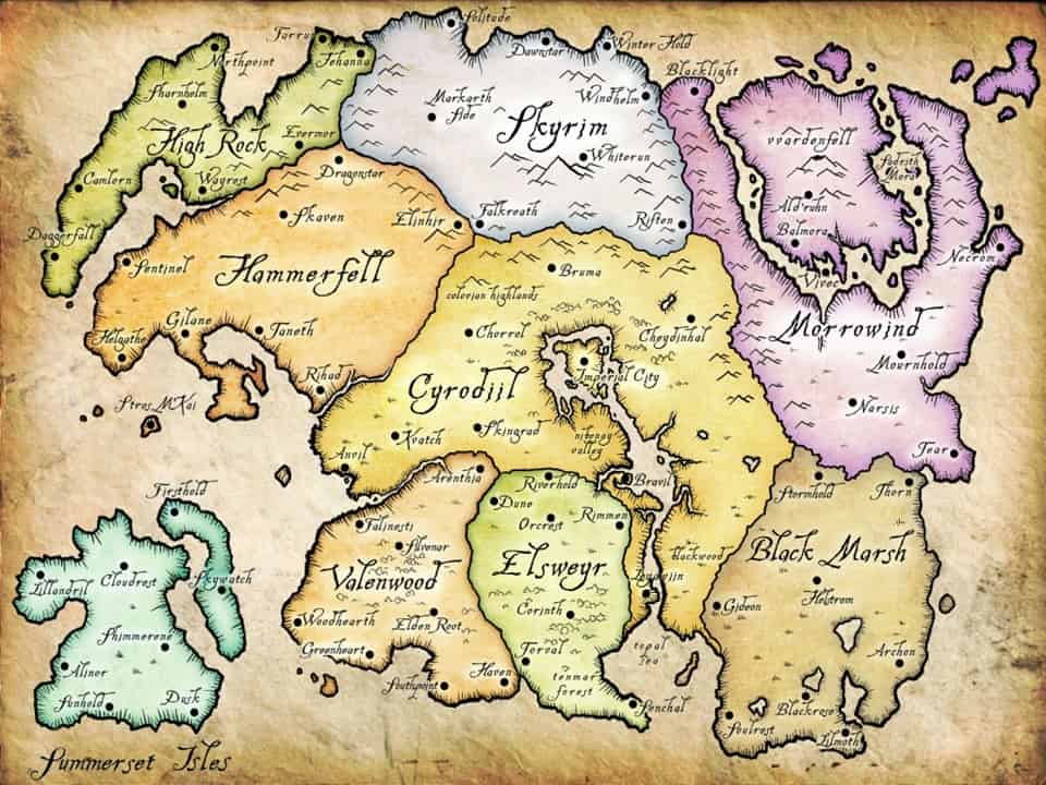 Elder Scrolls 6 Release Date: A map of the various regions in the world of Tamriel.