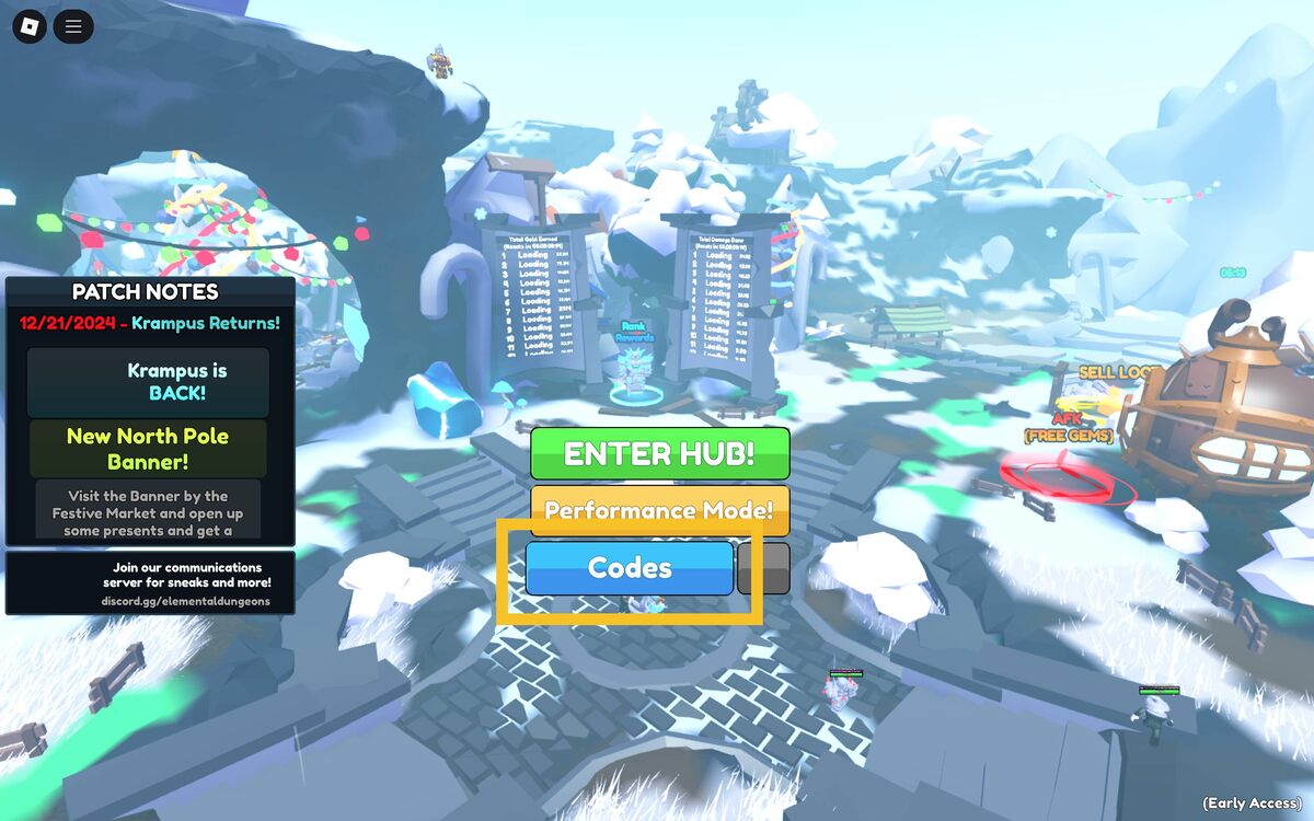 Elemental Dungeons codes: main menu.