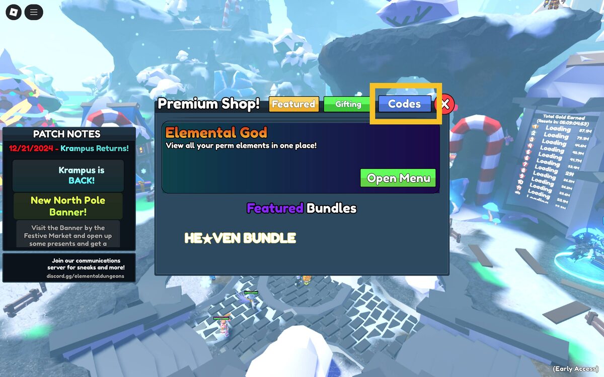 Elemental Dungeons codes: main menu.