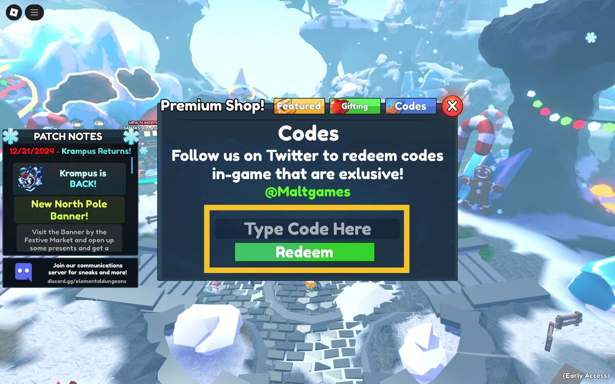 Elemental Dungeons codes: main menu.