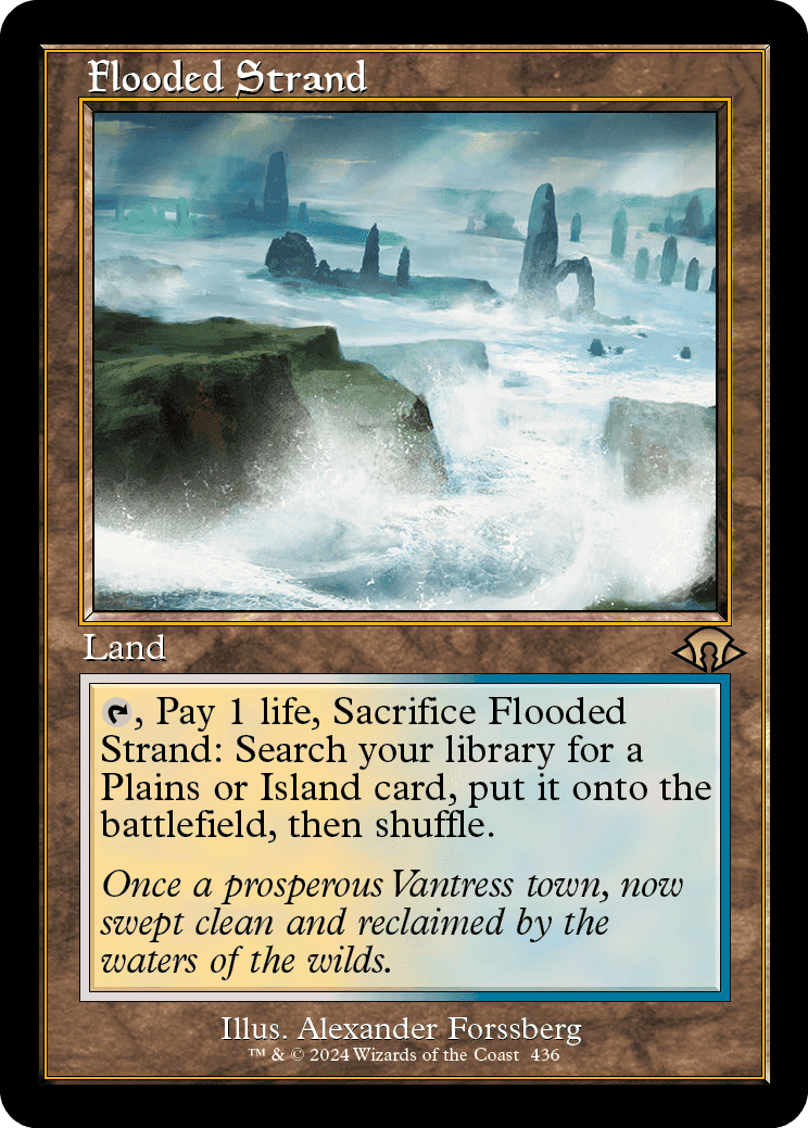 A Magic: The Gathering card titled "Flooded Strand" from the MTG Modern Horizons 3 set, featuring artwork of a submerged landscape with stone pillars.
