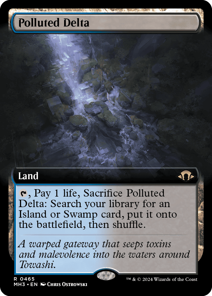 A "Magic: the Gathering" card named Polluted Delta from the MTG Modern Horizons 3 spoilers, featuring an ability to search for an island or swamp card.