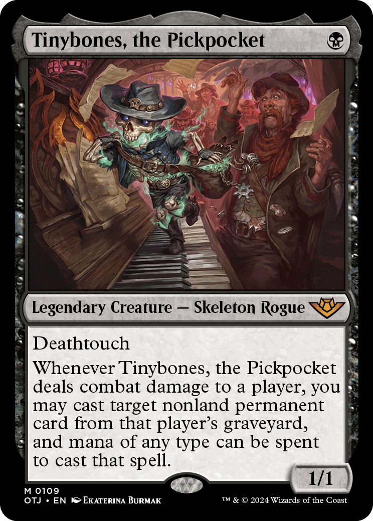 One of the newest additions to the MTG Outlaws of Thunder Junction spoilers and card list is Tinybones, a notorious pickpocket.