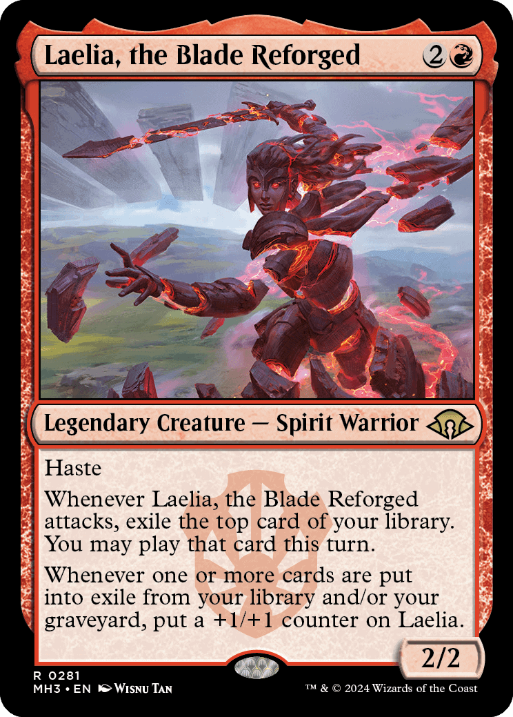A magic: the gathering card from the MTG Modern Horizons 3 spoilers list featuring Laelia, the Blade Reforged, a legendary spirit warrior depicted with swirling red energy.