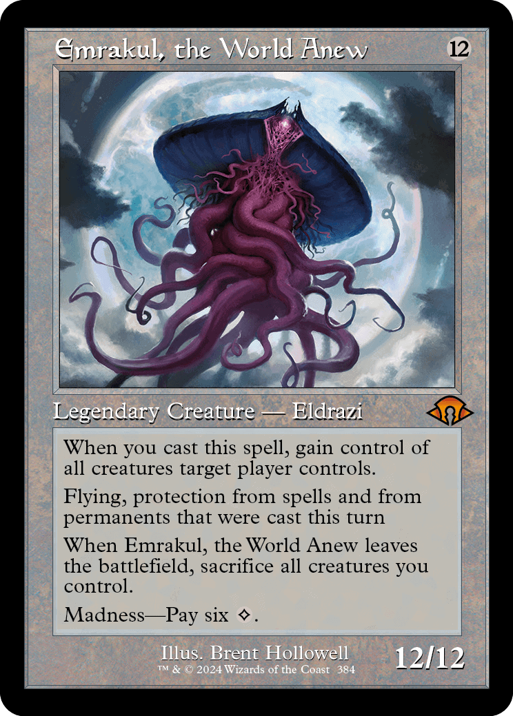 Illustration of Emrakul, the World Anew, a legendary Eldrazi creature card featured in the MTG Modern Horizons 3 spoilers list from the game Magic: The Gathering.