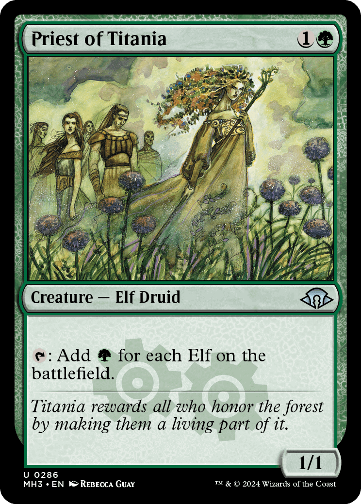 Fantasy art trading card from MTG Modern Horizons 3 featuring the 'priest of titania,' an elf druid character amidst a mystical forest setting.