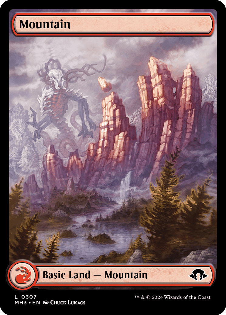 Illustrated "mountain" MTG Modern Horizons 3 spoilers: depicting a rugged, rocky landscape with a dragon-like creature in the background.