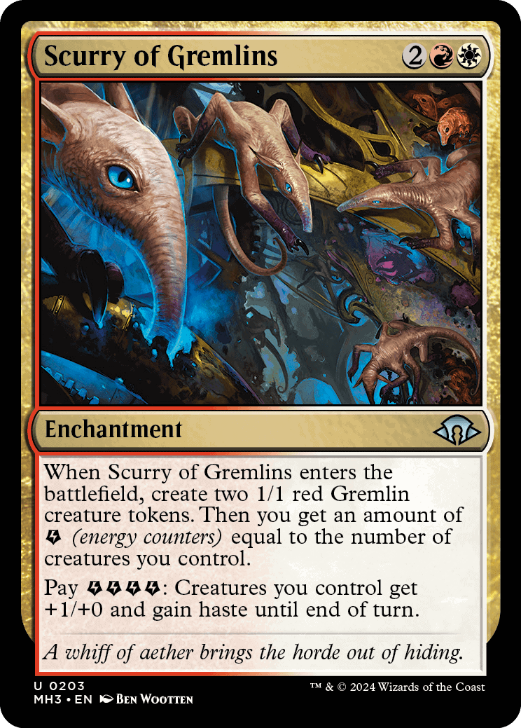Magic: the Gathering card titled 'Scurry of Gremlins' depicting fantastical creatures swarming around machinery, featured in the MTG Modern Horizons 3 spoilers.